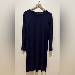 Eileen Fisher Navy Blue V-Neck 2/3 Sleeve Midi Shirt Dress - Women’s Size Large
